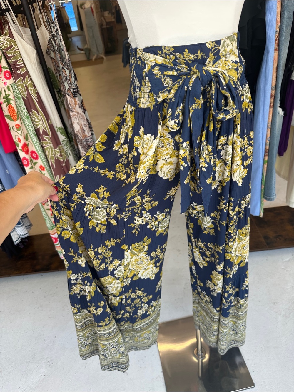 Angie Navy Floral Wide-Leg Tie-Waist Pants with Yellow Blooms